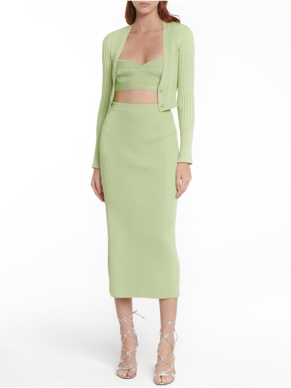 JONATHAN SIMKHAI Compact Rib Cropped Cardigan Bra Top Midi Skirt Set Pear XS/S